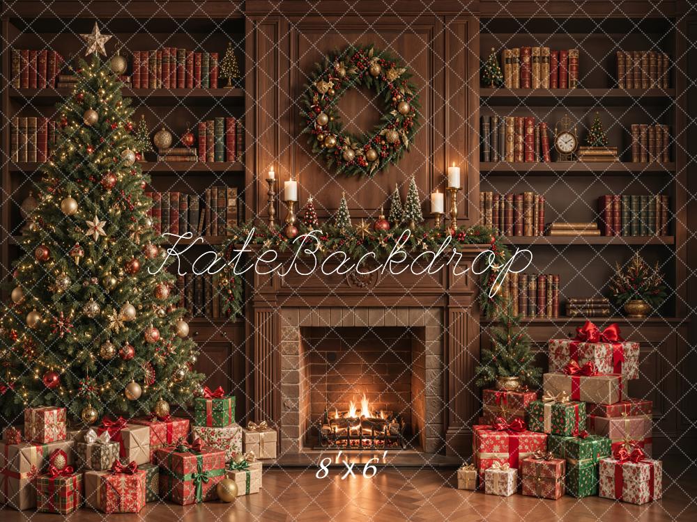 Kate Christmas Tree Fireplace Bookshelves Wreath Presents Printed Backdrop Designed by Emetselch