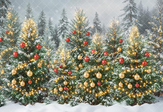 Kate Christmas Trees Snowy Forest Ornaments Lights Printed Backdrop Designed by Emetselch