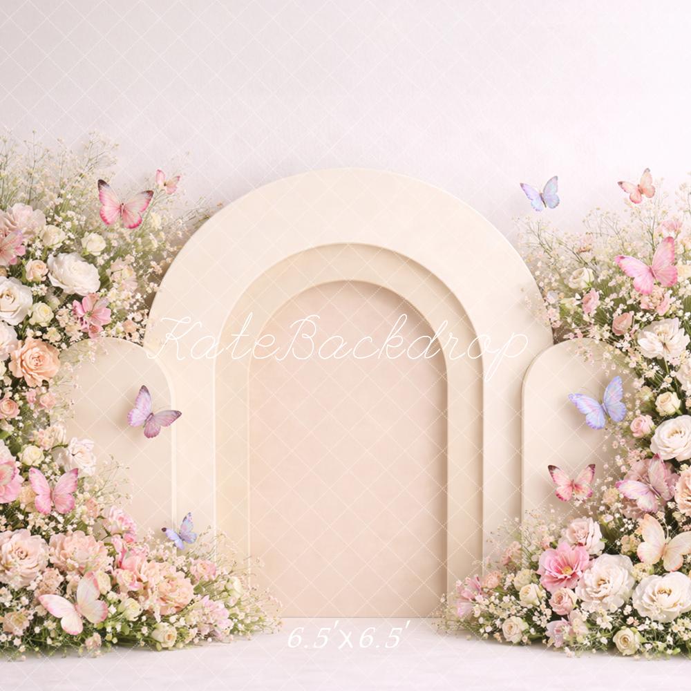 Kate Flower Arch Cream Arch Pastel Butterflies Printed Backdrop Designed by Caitlin Lynch