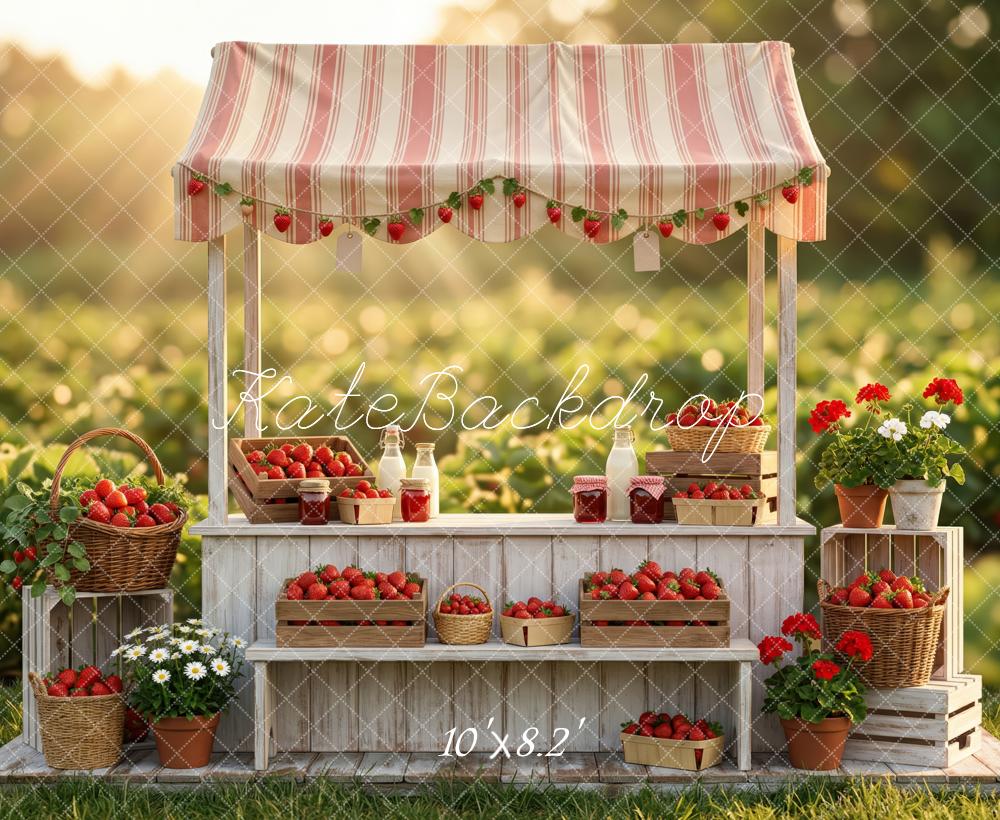 Kate Summer Strawberry Stand Crates Flowers Field Printed Backdrop Designed by Patty Roberts