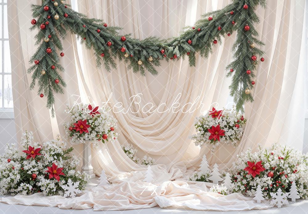 Kate Christmas White Drapes Pine Garland Poinsettia Flowers Printed Backdrop Designed by Mini MakeBelieve
