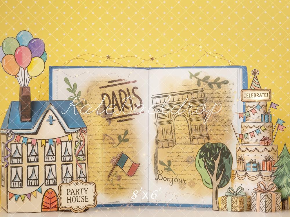 Kate Paris Party House Open Book Balloons Cake Printed Backdrop Designed by Emetselch