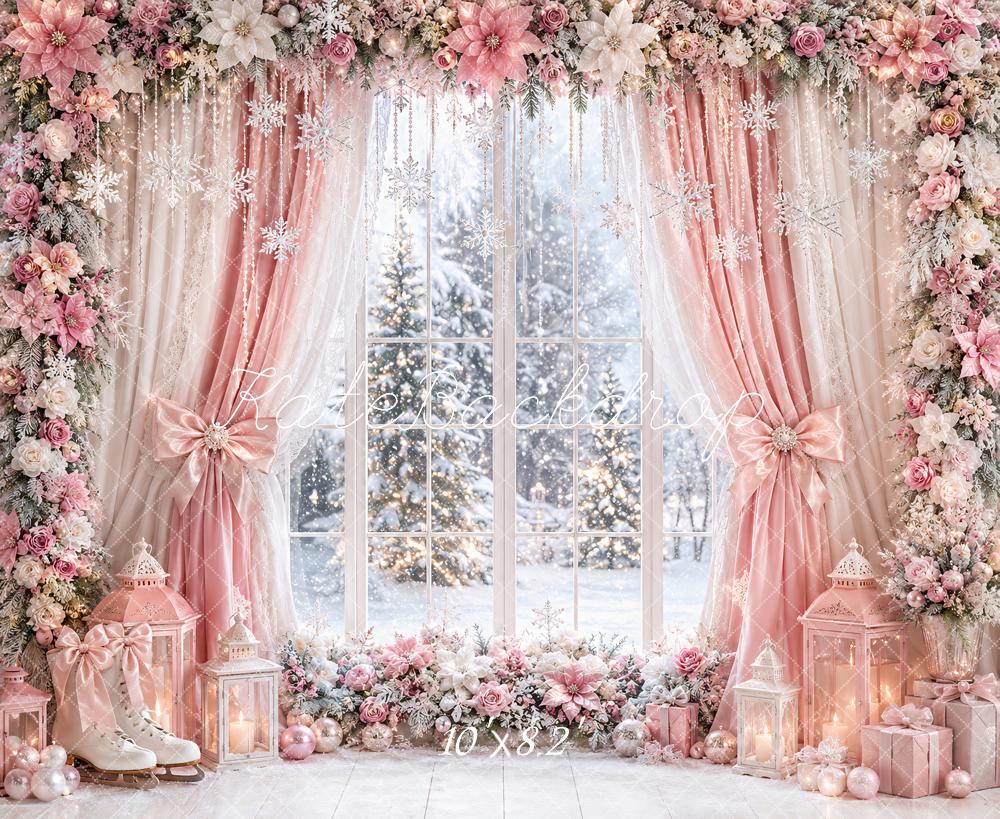 Kate Christmas Pink Curtains Flower Arch Window Snowy Printed Backdrop Designed by Ashley Paul