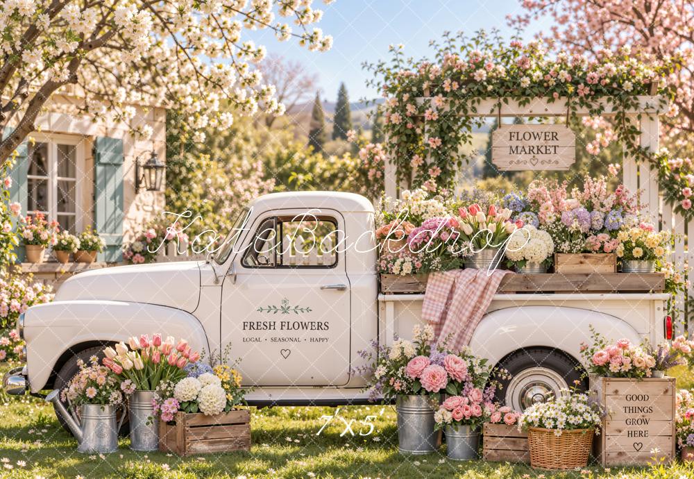 Kate Spring White Truck Flower Market Garden Printed Backdrop Designed by Emetselch