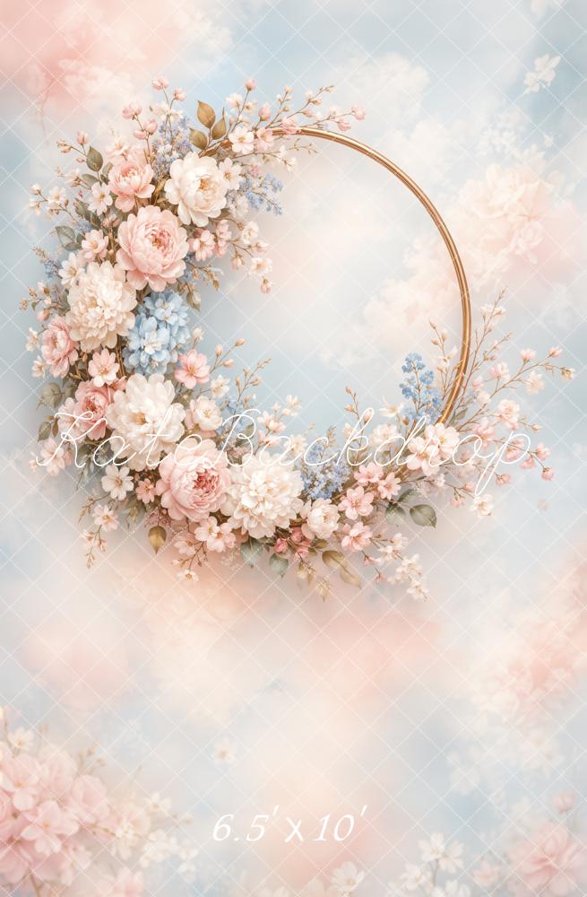 Kate Fine Art Floral Wreath Gold Hoop Clouds Printed Backdrop Designed by Emetselch