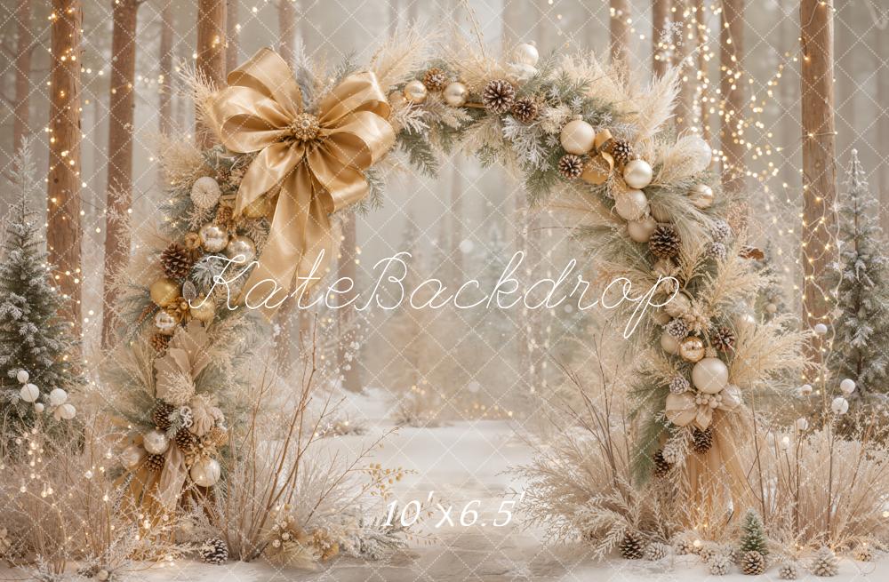 Kate Christmas Flower Arch Gold Bow Ornaments Snowy Forest Printed Backdrop Designed by Emetselch