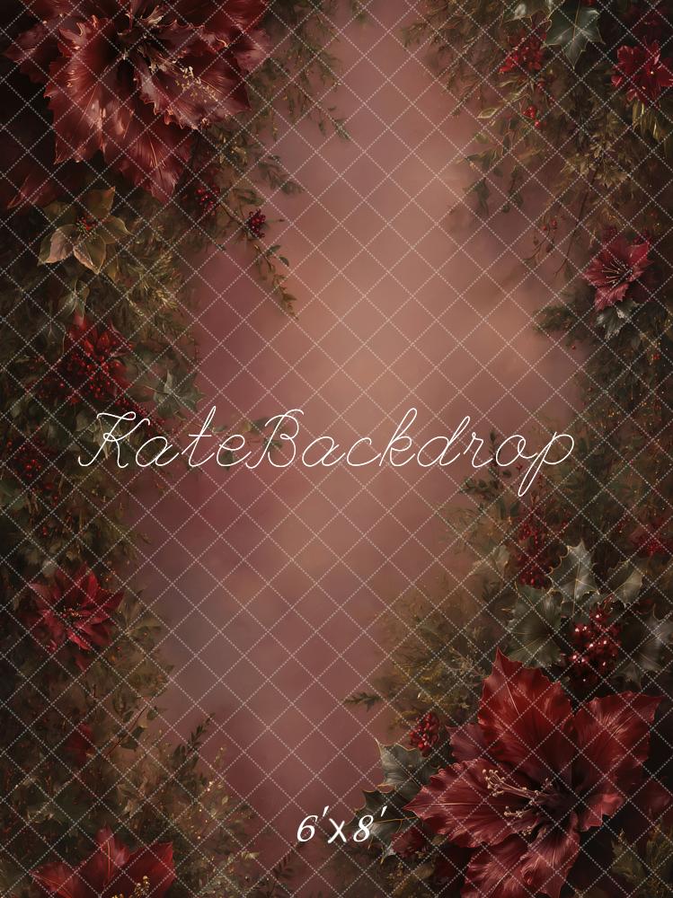 Kate Christmas Fine Art Burgundy Poinsettia Floral Printed Backdrop Designed by GQ