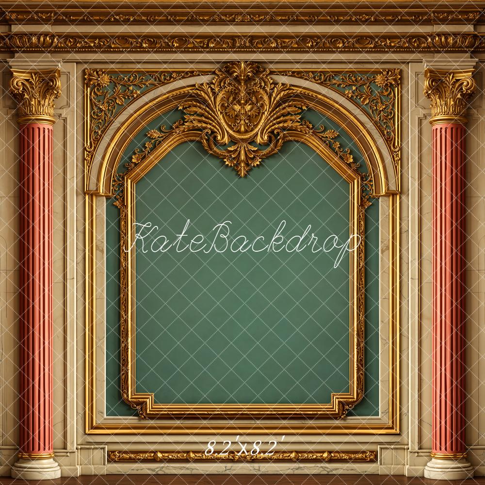 Kate Vintage Ornate Gold Arch Columns Green Wall Printed Backdrop Designed by Emetselch