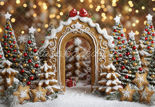Fondo de Arco de Jengibre de Navidad con Árboles Nevados y Bokeh Diseñado por Mini MakeBelieve