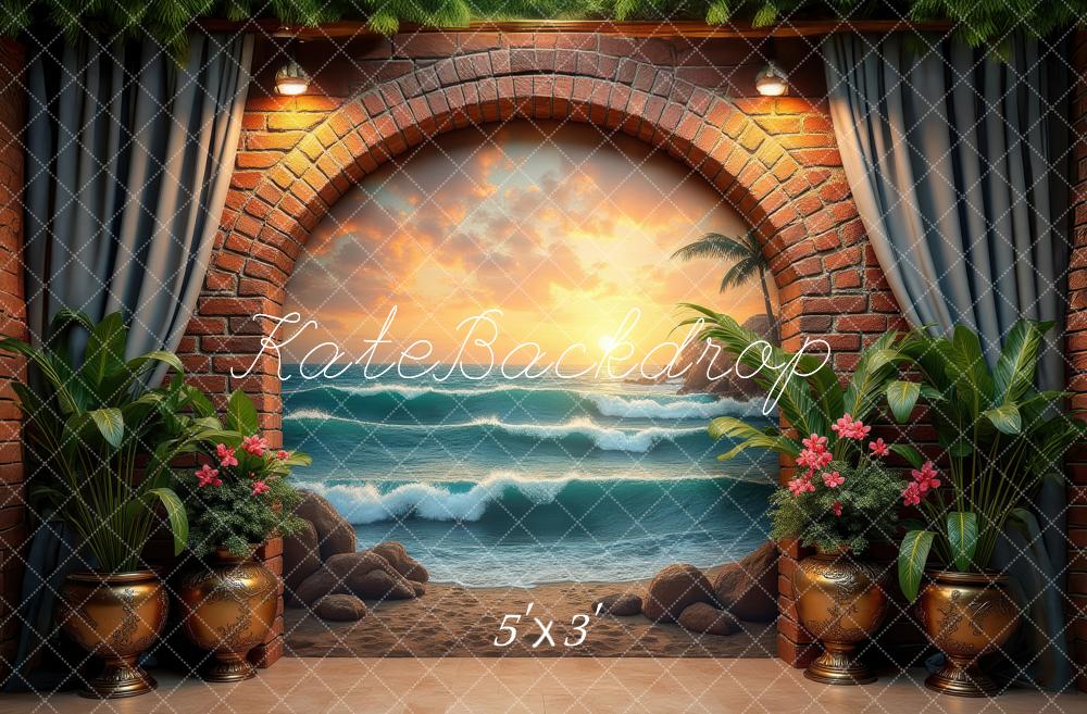 Kate Summer Brick Arch Beach Sunset Ocean Waves Printed Backdrop Designed by Laura Bybee
