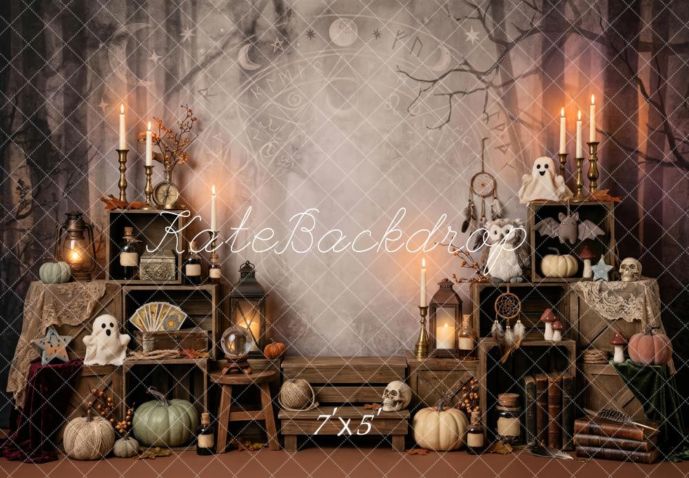 Kate Halloween Apothecary Cabinet Candles Pumpkins Spooky Printed Backdrop Designed by Patty Roberts