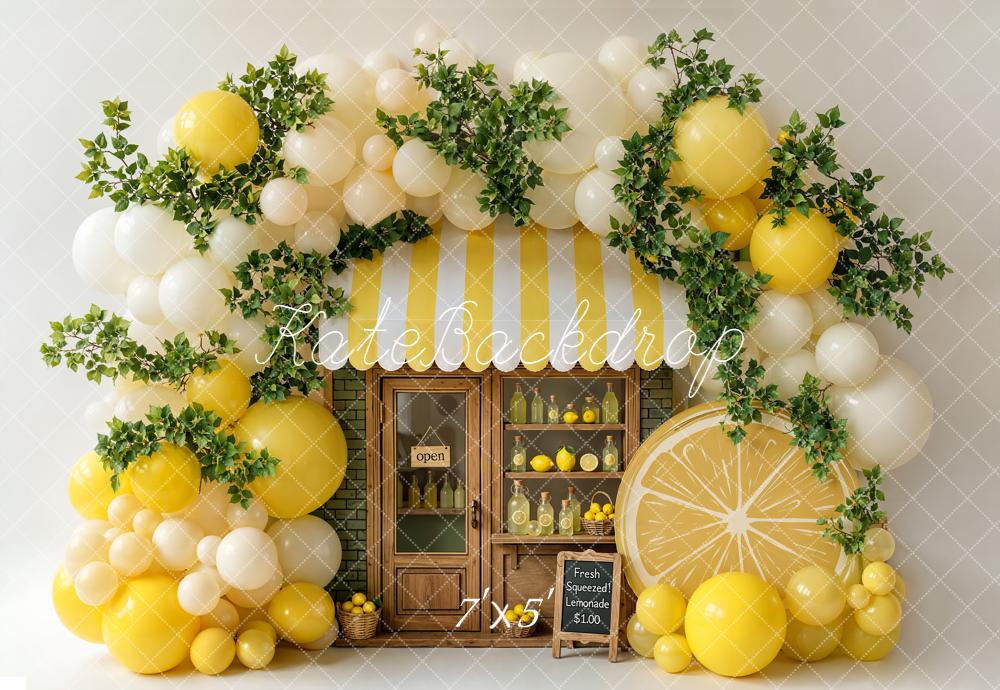 Kate Summer Lemonade Stand Yellow Balloons Greenery Lemons Printed Backdrop Designed by Emetselch