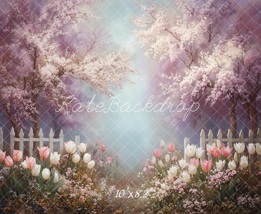 Kate Spring Cherry Blossom Trees Tulips White Picket Fence Backdrop Designed by Emetselch