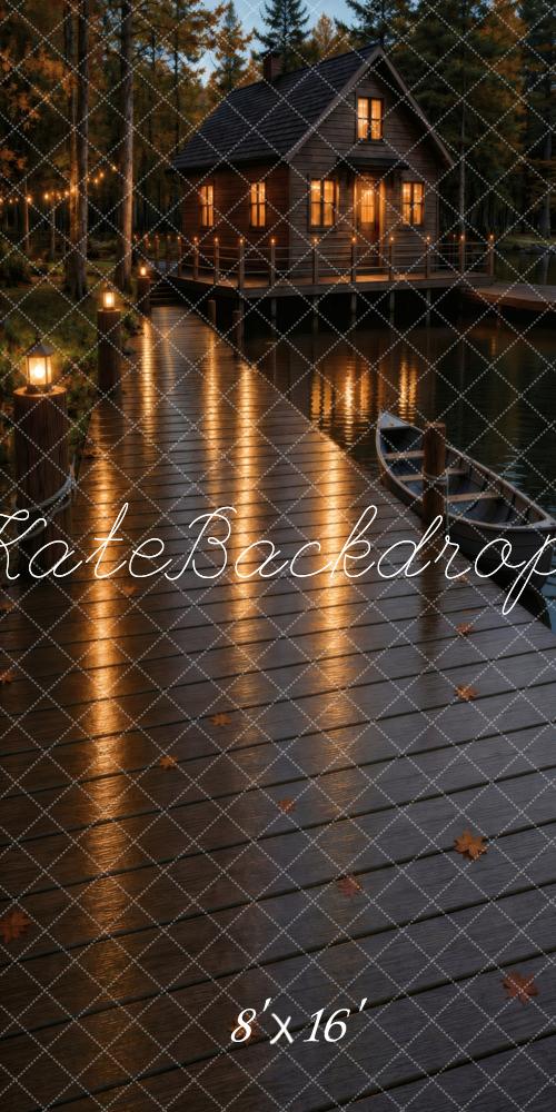 Kate Sweep Fall Lakeside Cabin Dock Reflection Printed Backdrop Designed by Vertigo Productions