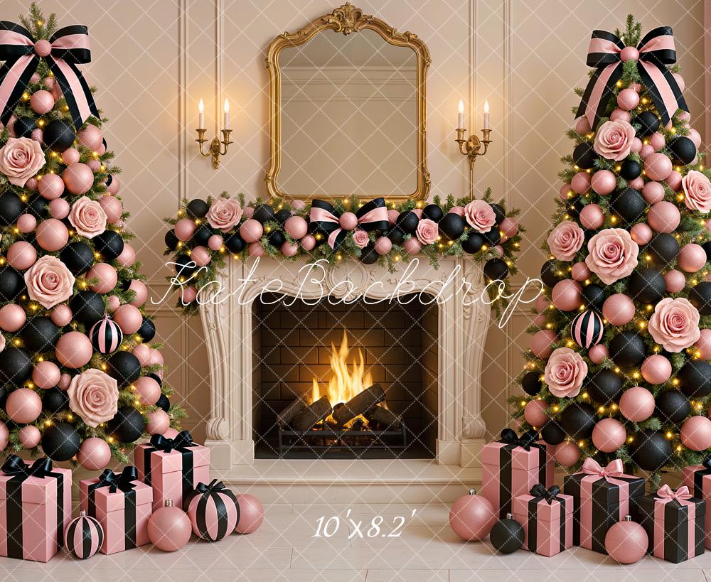 Kate Christmas Tree Pink Rose Fireplace Garland Printed Backdrop Designed by Ashley Paul
