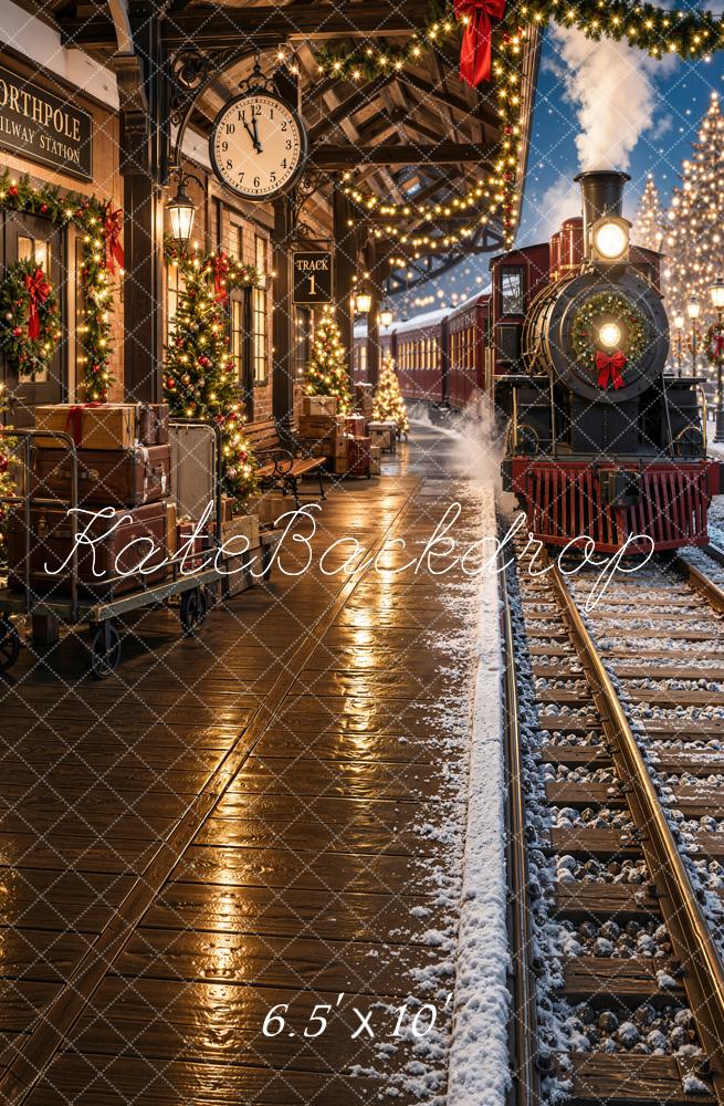 Kate Christmas Polar Train Railway Station Night Snowy Printed Backdrop Designed by Emetselch