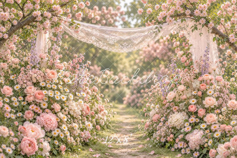 Kate Spring Romantic Flower Arch Lace Drapery Printed Backdrop Designed by Emetselch