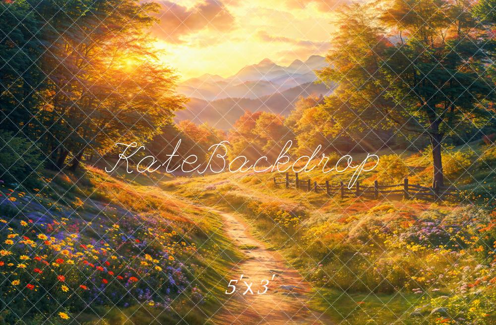 Kate Fall Forest Flowers Pathway Sunset Backdrop Designed by Emetselch