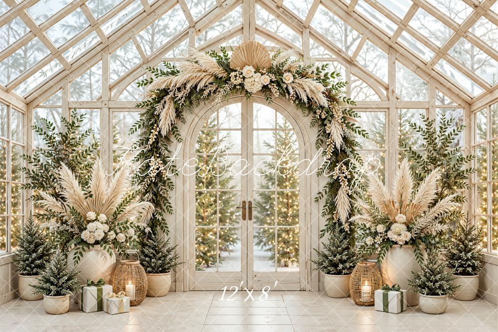 Kate Christmas Greenhouse Boho Floral Arch Evergreen Trees Printed Backdrop Designed by Emetselch