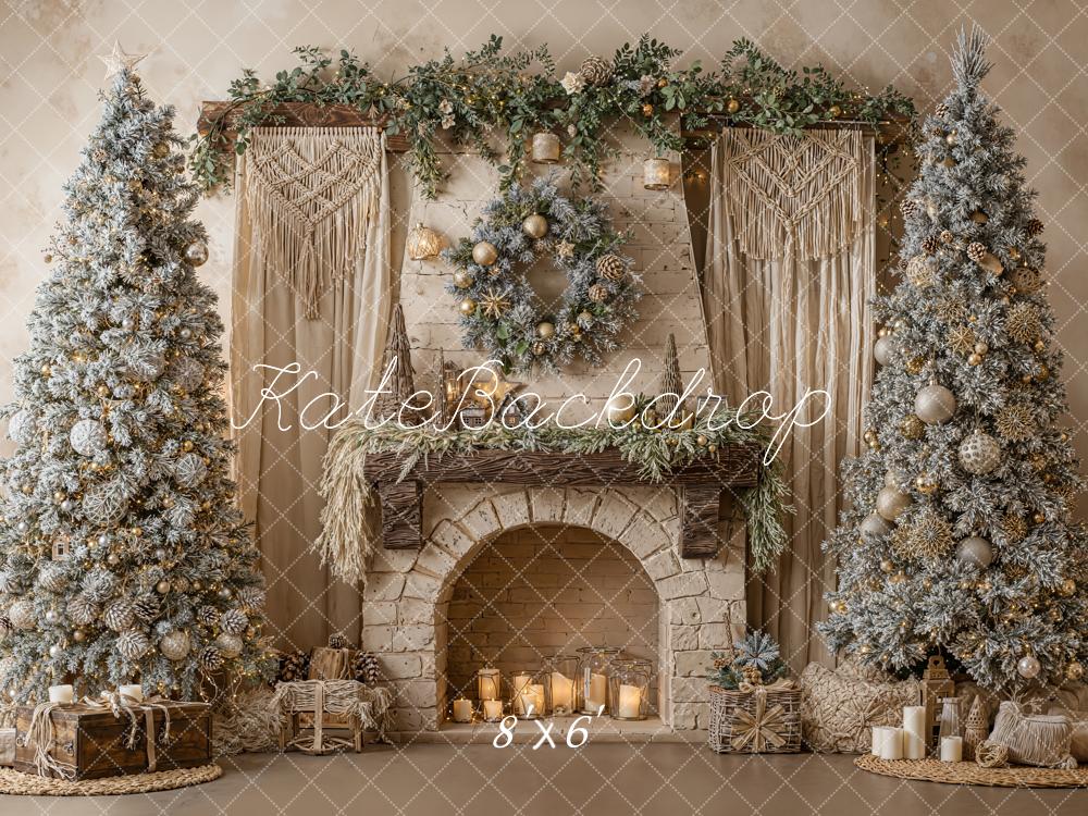 Kate Christmas Stone Fireplace Frosted Trees Boho Wreath Garland Backdrop Designed by Emetselch