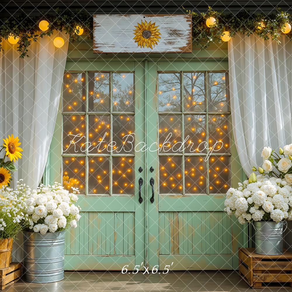 Kate Fall Sunflower Green Door String Lights Floral Backdrop Designed by Mini MakeBelieve