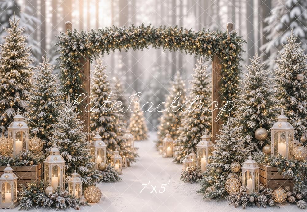 Kate Christmas Pine Arch Snowy Forest Lanterns Printed Backdrop Designed by Emetselch
