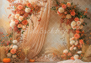 Kate Fall Flower Arch Drapes Orange Rose Pumpkin Printed Backdrop Designed by Emetselch