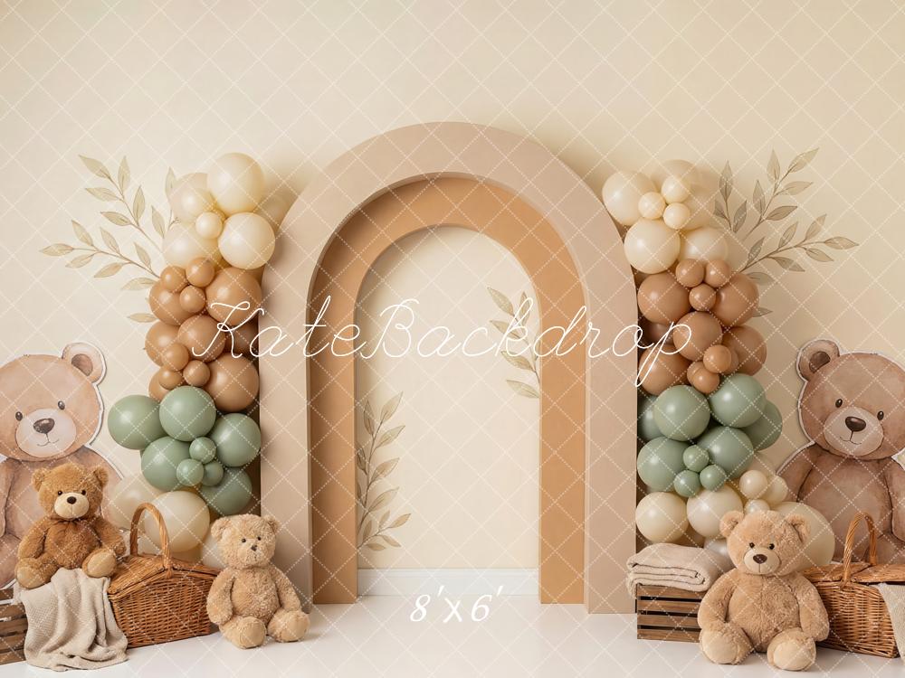 Kate Cake Smash Teddy Bear Balloon Arch Basket Beige Printed Backdrop Designed by Patty Roberts