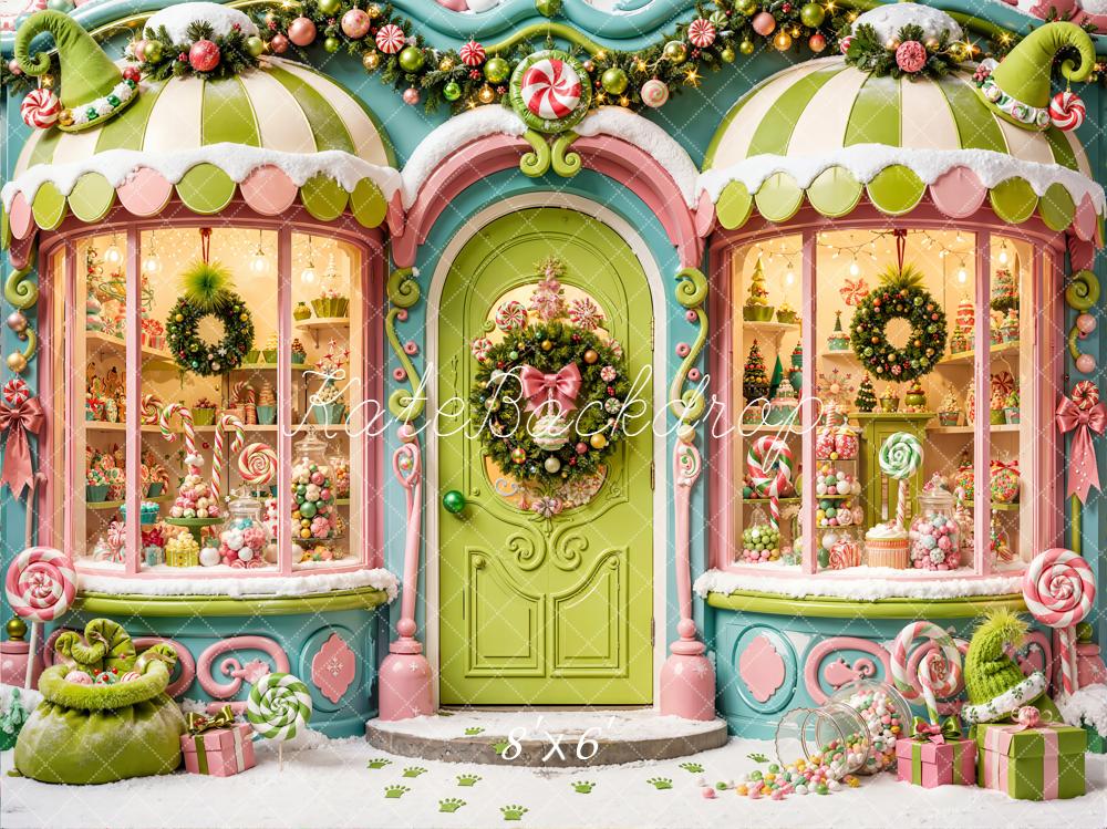 Kate Christmas Fantasy Whimsical Candy Shop Kids Green Printed Backdrop Designed by Emetselch