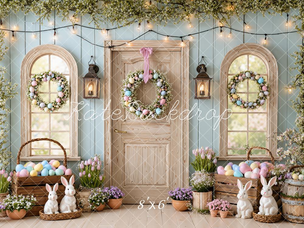 Kate Easter Bunny Blue Egg Wreath Door Greenery Printed Backdrop Designed by Emetselch
