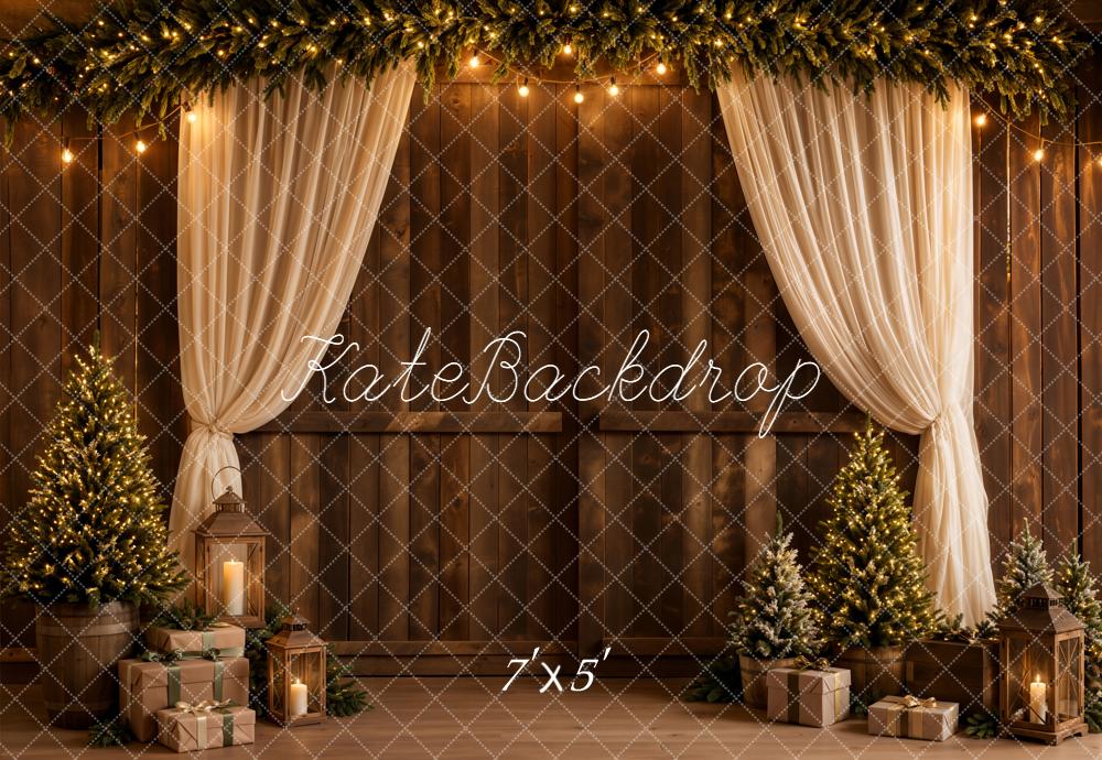 Kate Christmas Tree Garland Curtain Rustic Wooden Wall Printed Backdrop Designed by Emetselch