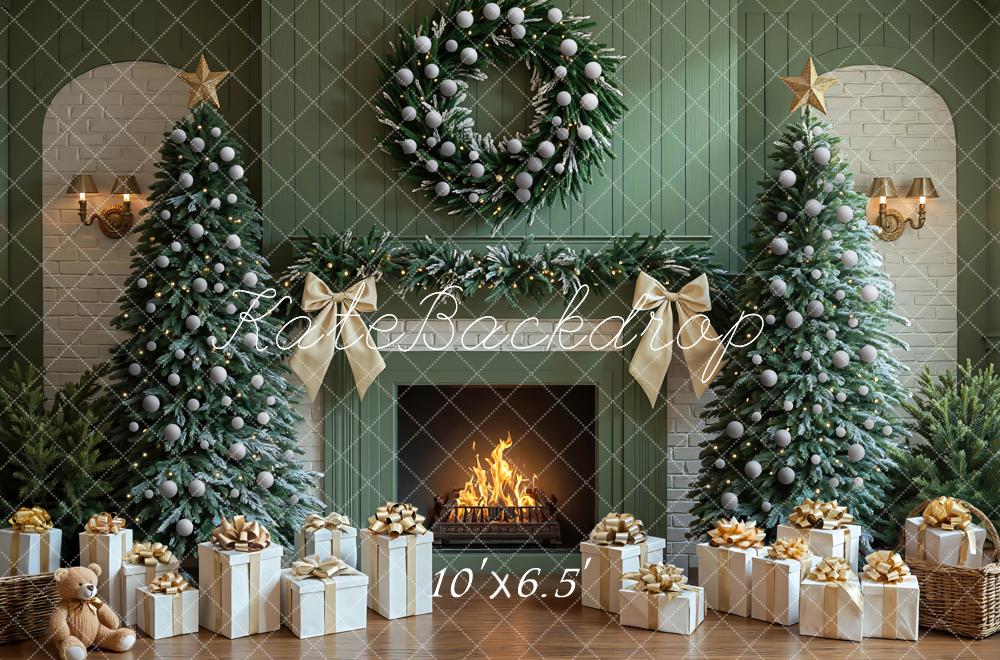 Kate Christmas Fireplace Tree Wreath Presents Gifts Green Backdrop Designed by Mini MakeBelieve