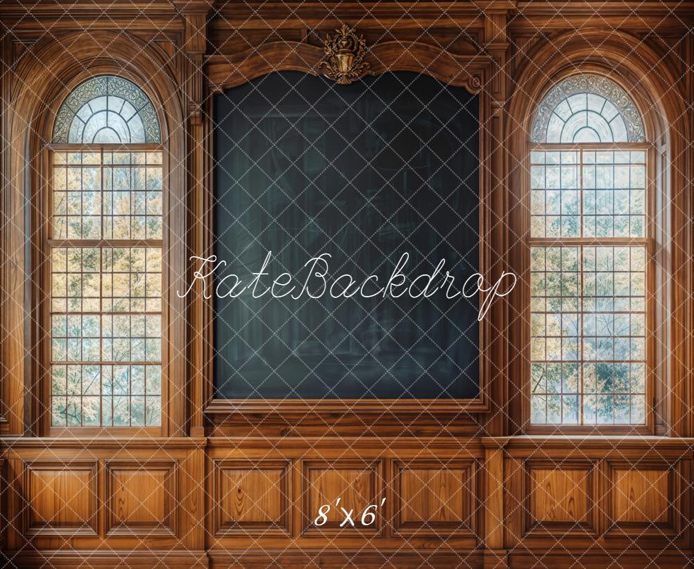 Pizarra de Madera para Regreso a Clases con Ventanas Arqueadas Fondo Diseñado por Emetselch