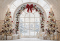 Kate Christmas Trees Arch Window Red Bow Snowy Printed Backdrop Designed by Emetselch
