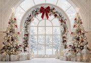 Kate Christmas Trees Arch Window Red Bow Snowy Printed Backdrop Designed by Emetselch