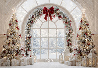 Kate Christmas Trees Arch Window Red Bow Snowy Printed Backdrop Designed by Emetselch