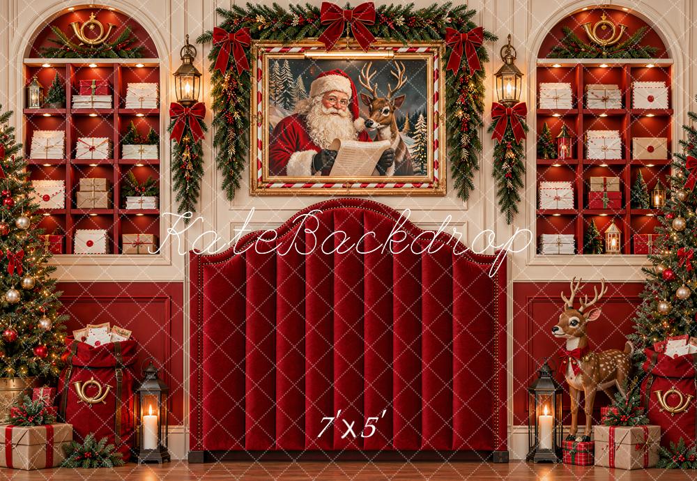 Kate Christmas Red Headboard Santa Reindeer Trees Mailroom Printed Backdrop Designed by Shutter Swan Studios