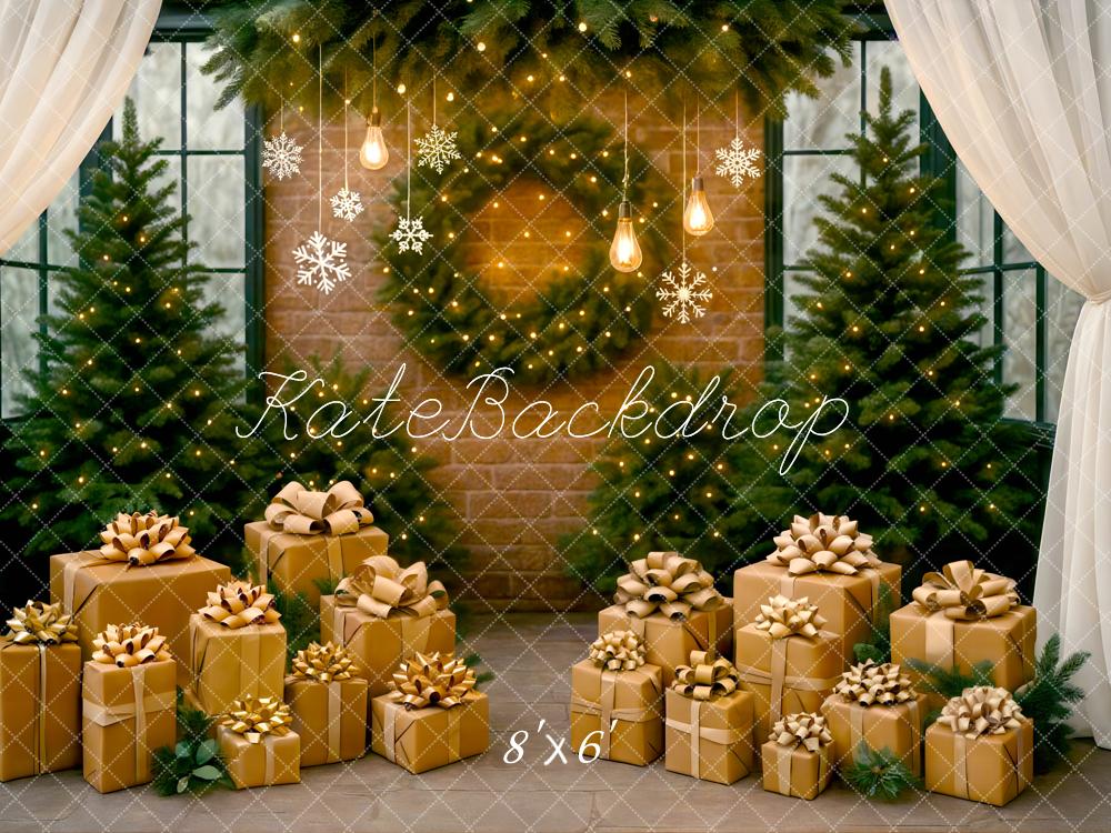Kate Christmas Gift Boxes Pine Trees Brick Wall Backdrop Designed by Mini MakeBelieve