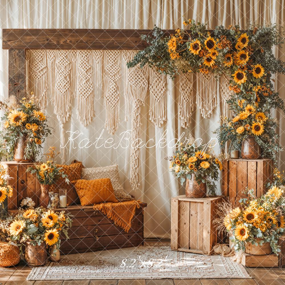 Kate Summer Boho Sunflower Flower Arch Wooden Crates Macrame Printed Backdrop Designed by Emetselch