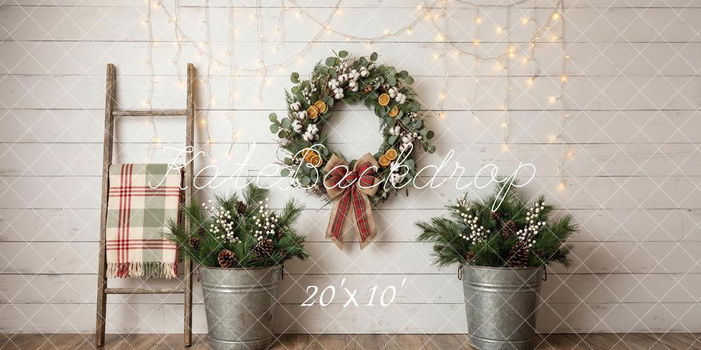 Kate Christmas Wreath Garland Pinecones Rustic Ladder Printed Backdrop Designed by Happy Squirrel Design