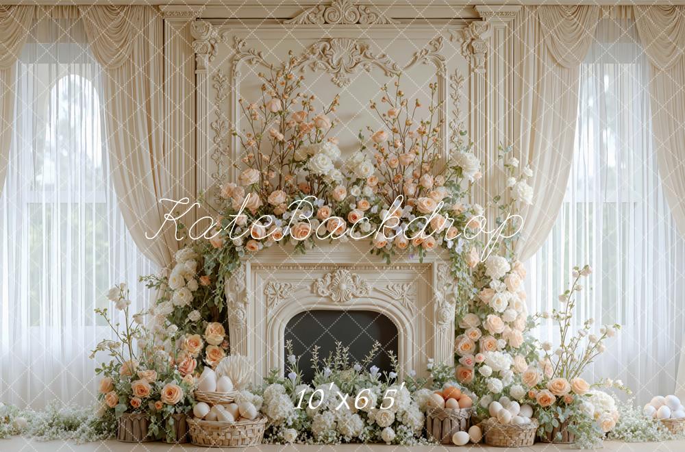 Kate Easter Bunny Flower Arch Fireplace Printed Backdrop Designed by Mini MakeBelieve