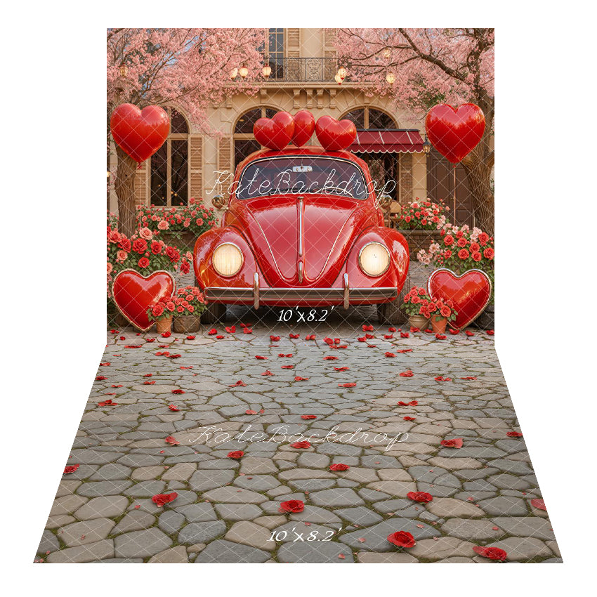 Kate Valentine's Day Red Car Heart Balloons Pink Flowers Backdrop+Cobblestone Floor With Red Rose Petals Backdrop