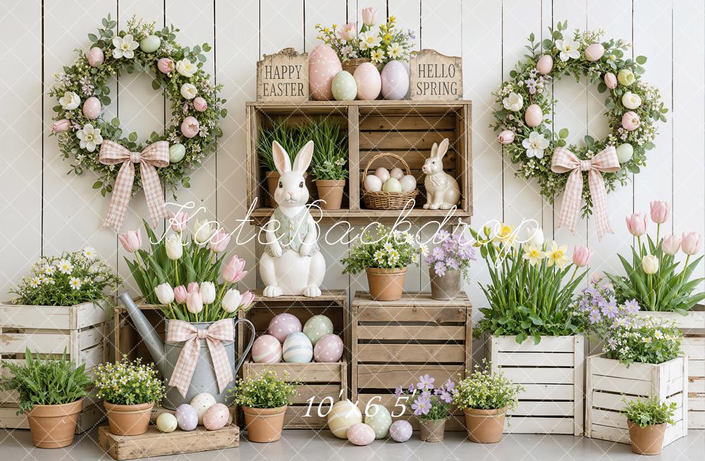 Kate Easter Eggs Bunny Wreath Flowers White Wood Plank Printed Backdrop Designed by Emetselch