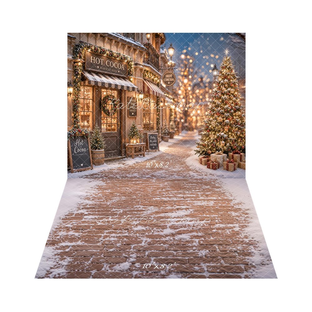 Kate Christmas Hot Cocoa Shop Snowy Street Christmas Tree Printed Backdrop+Snowy Brown Brick Floor Printed Backdrop