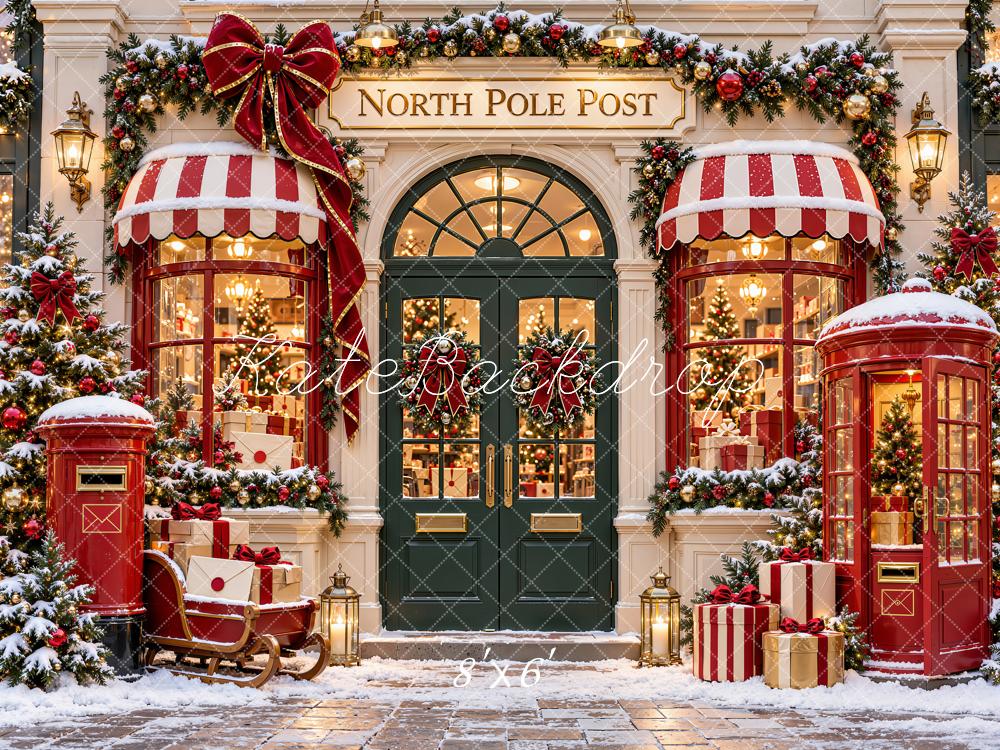 Kate Christmas North Pole Post Office Storefront Red Green Snow Printed Backdrop Designed by Emetselch