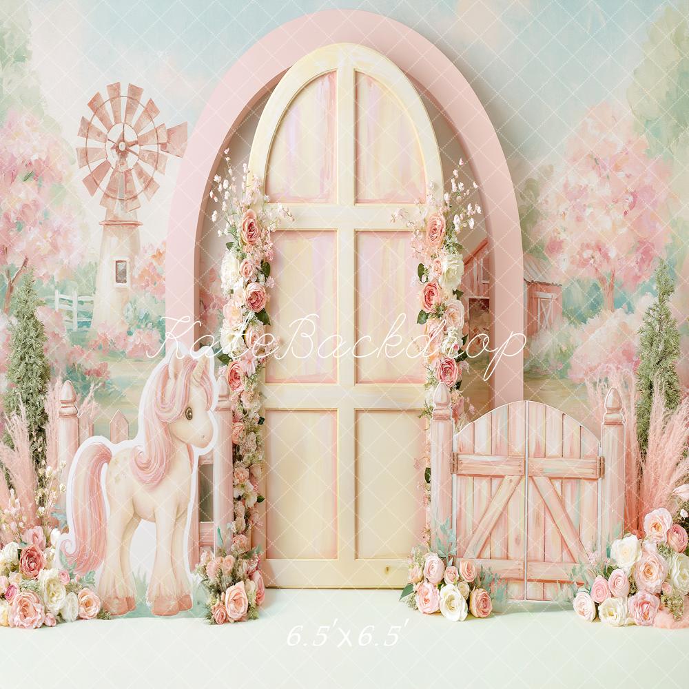 Kate Cake Smash Pastel Pony Flower Arch Windmill Farm Printed Backdrop Designed by Angela Miller