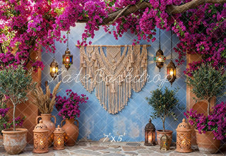Kate Boho Macrame Pink Flower Arch Lanterns Blue Wall Printed Backdrop Designed by Emetselch