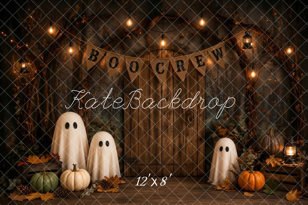 Kate Halloween Trick Or Treat Haunted Barn Ghosts Pumpkins Lights Printed Backdrop Designed by Ashley Ward