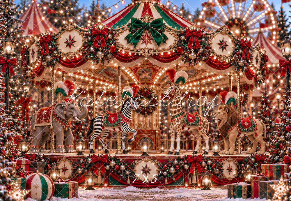 Kate Christmas Circus Carousel Animals Amusement Park Printed Backdrop Designed by Ashley Paul