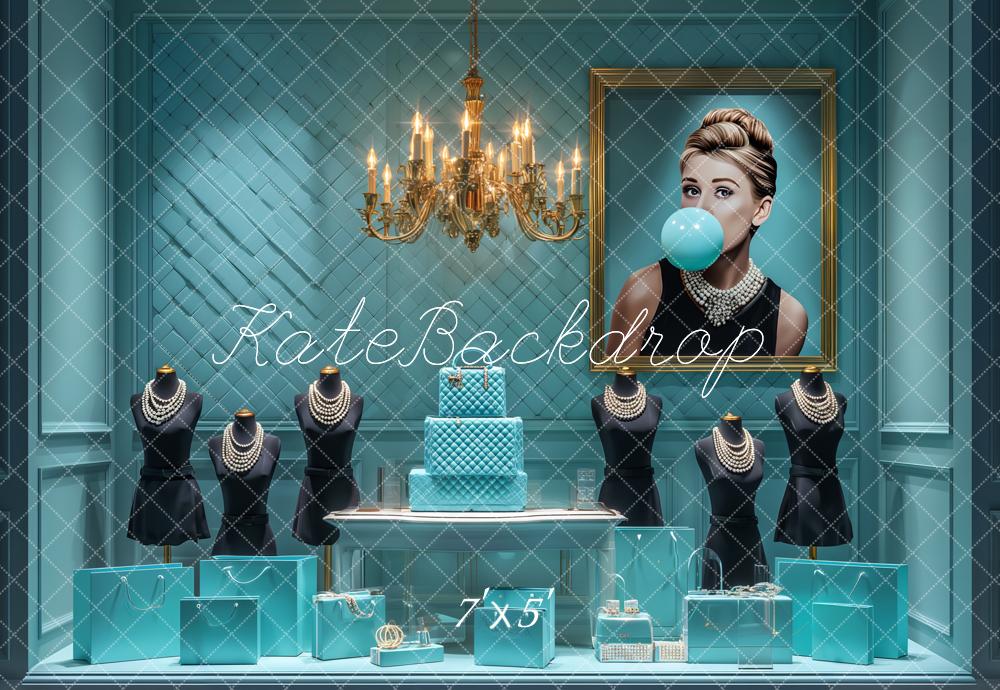 Kate Luxury Blue Pearls Jewelry Display Chandelier Shopping Backdrop Designed by Ashley Paul